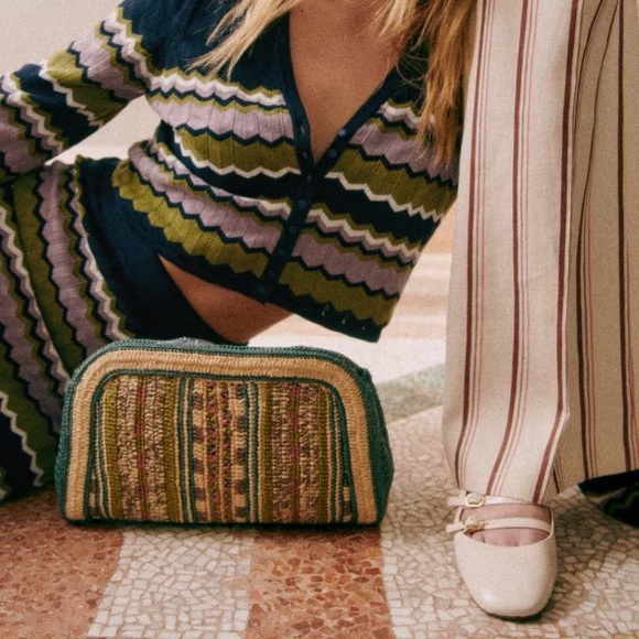 Sezane Carla Pouch Clutch Hand Bag Woven raffia evening stripe green tan pink - Picture 3 of 12